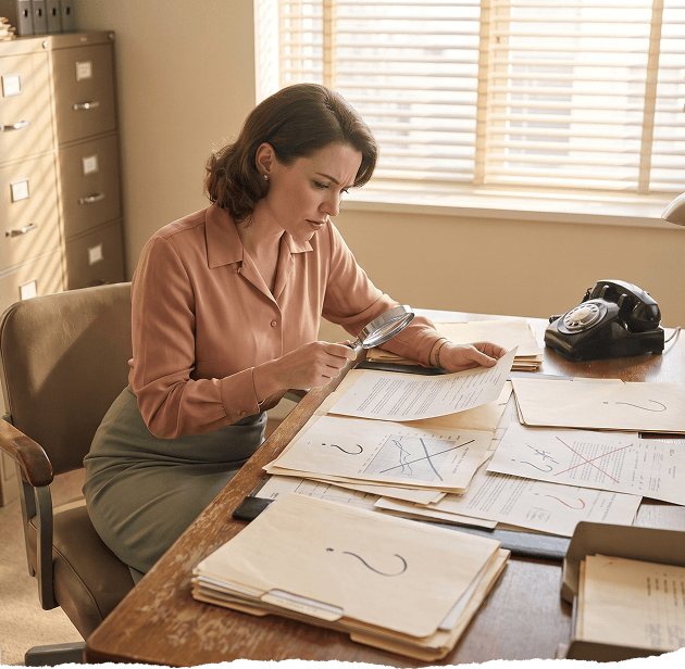 A woman inspecting paperwork with a magnifying glass.